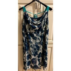 Jonathan Martin Floral Dress 18W Midi, Sleeveless, Cowl Neck, Gray with Blue
